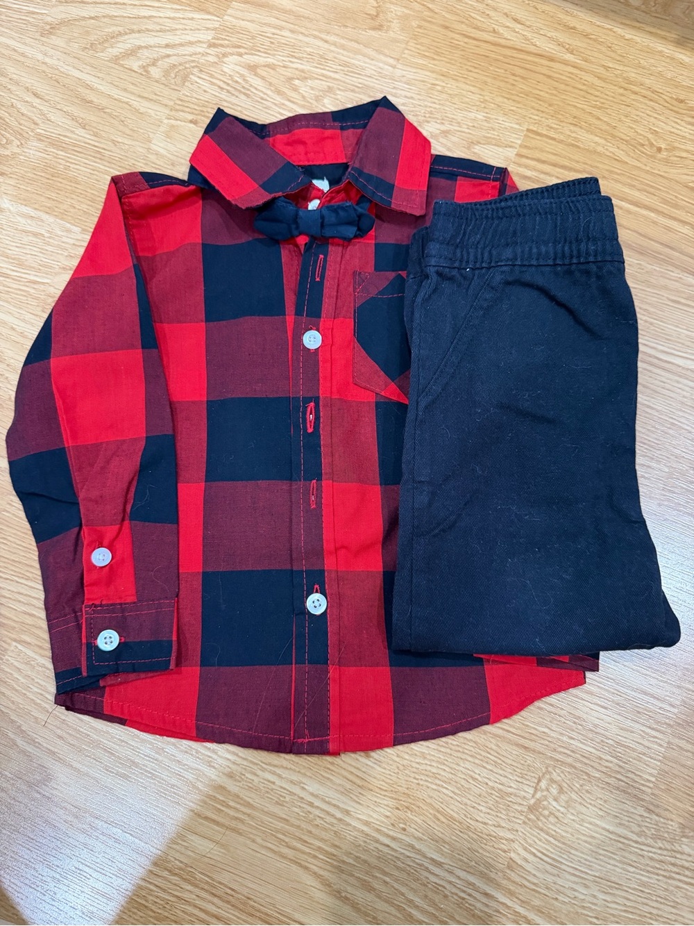 Alex&Jack Red Black Buffalo Plaid Button Shirt with Black Jogger Pants (Size2T) - Picture 2 of 7